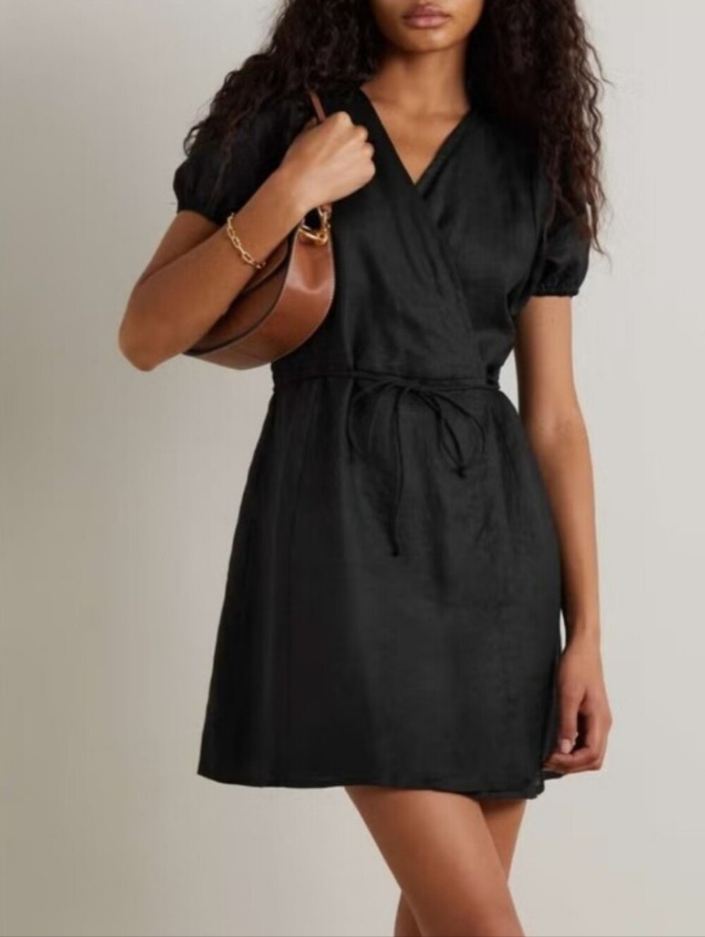 Faithfull the Brand Elliana Linen Mini Wrap Dress Black 4 Small LBD Puff Sleeve